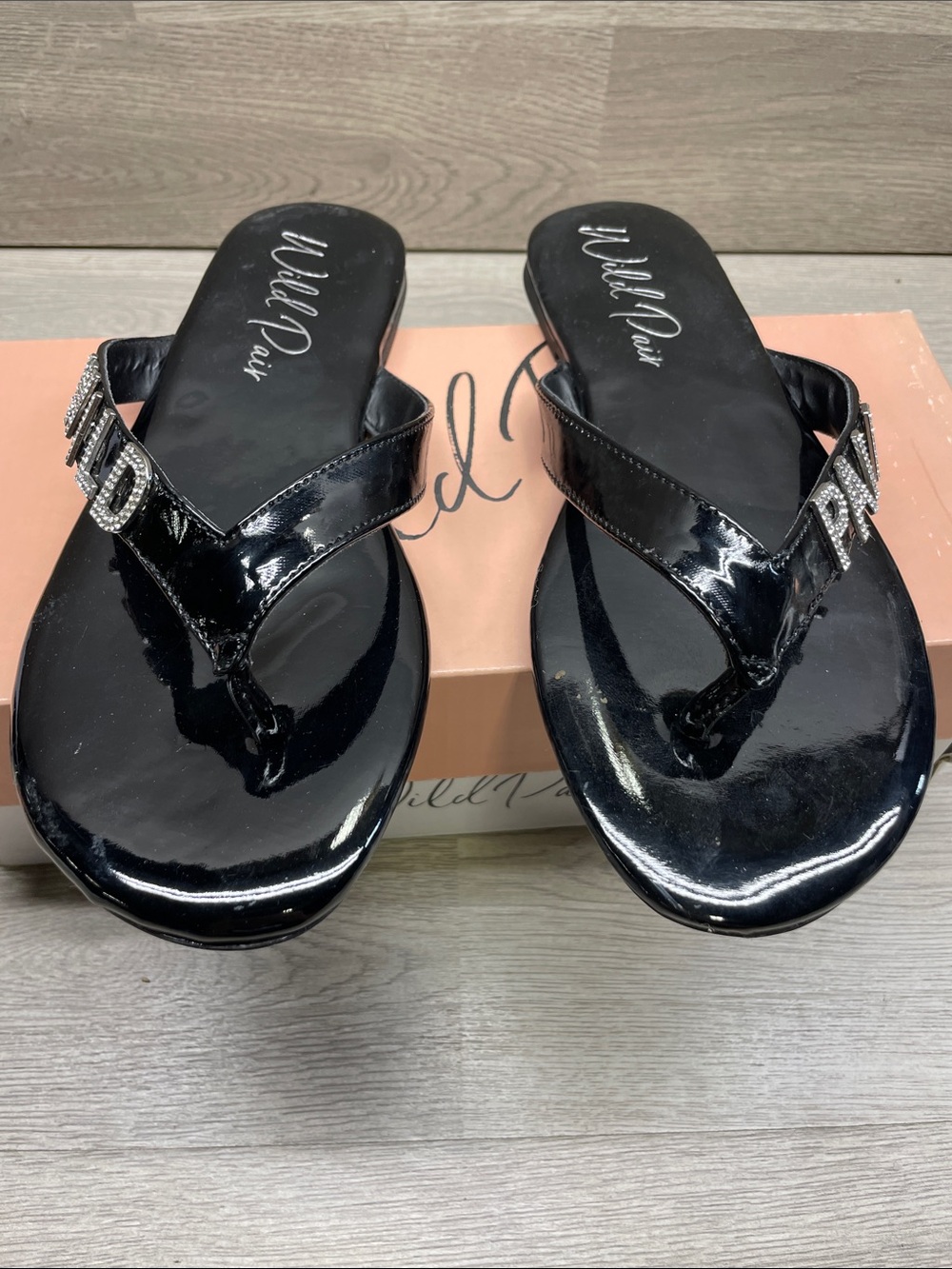 Wild Pair Black Patent Jeweled Thong Sandals #680